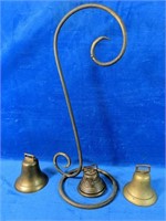 3 Brass Bells 2"-3.5" with metal flower hanger