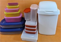 Assorted storage boxes and small dustbin