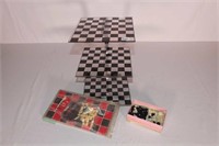 3 tiered games board with pieces,  small chess set