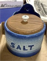 Stoneware salt box w/ wooden lid