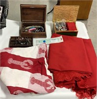 Costume jewelry, boxes, & table clothes