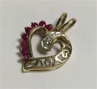 10k Gold Heart Pendant, Diamond And Rubies