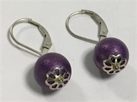 Sterling Silver Drop Purple Ball Earrings