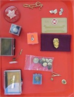 mens pins, tie tacks,waverly fd card, scout button