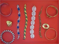 8 costume jewelry bracelets, 2 scarf clips