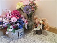 crock, vases, artificial flowers, wreath