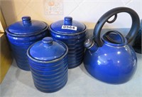 3 pc blue canister set & tea kettle