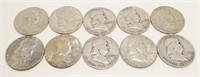10x 1950's-60's Franklin Silver Half Dollars