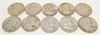 10x 1950's-60's Franklin Silver Half Dollars