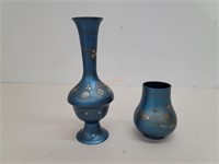 Blue Metal Enameled Vase & Cup