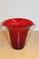 RED BLOWN GLASS VASE W/CLEAR GLASS HANDLES