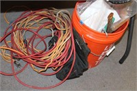BOX LOT OF ELECTRIC CORDS AND TOOLS AND MORE