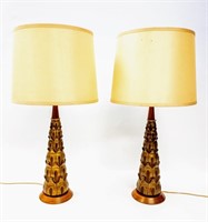 PAIR MID CENTURY WALNUT AND PLASTER TABLE LAMPS