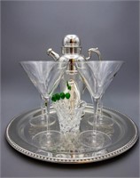 VINTAGE CRYSTAL AND SILVER PLATE MARTINI SET