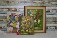 Set of 3 Vintage Floral Oil on Canvases