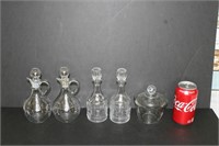 4 Glass Cruets w/ Stoppers & Small Covered Bowl