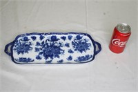 Double Handle Blue & White Ceramic Bread Tray