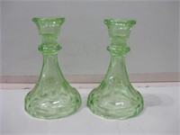 Pair Of Vtg Uranium Glass Candle Holders - 6" Tall