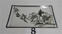 GLASS TRAY WITH SILVER PAINTED FLORA 14 IN
