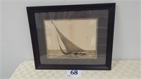 ANTIQUE FRAMED SAILBOAT WITH AMERICAN FLAG PRINT