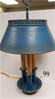 COLONIAL BLUE 3 CANDLE TOLEWARE LAMP, NEEDS NEW