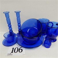 VARIETY OF COBALT BLUE GLASSWARE 10 PC