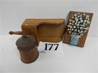 WOODEN LIDDED JAR 4 IN, WOODEN SCOOP 9 IN, WOODEN