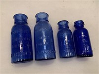 LOT OF 4 ANTIQUE BLUE APOTHECARY BOTTLES