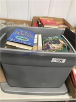 GRAY TUB W/ LID--ASST HARDBACK AND PAPERBACK BOOKS