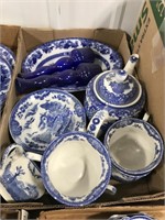 BLUE/ WHITE CUPS AND SAUCERS, PITCHER, BOWL,