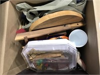 BOX MISC--GAME PIECES, TOTE BAGS, WOOD ITEMS,