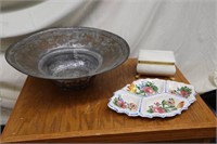 J.W. Co. divided platter, marble jewelry box, bowl