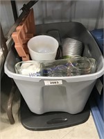 GRAY TUB W/ LID--ASST GLASS BAKING DISHES, OTHERS