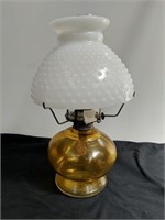 15 in Amber glass hurricane with milk glass shade