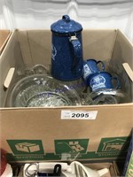 ASST CLEAR GLASS, BLUE ENAMEL POT AND CUPS