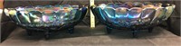 2 blue carnival glass fruit bowls