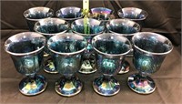 11 blue carnival glass goblets