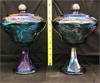 2 blue carnival glass stemmed bowl with lids