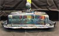 Blue carnival glass butter dish