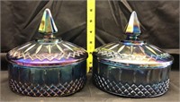 2 blue carnival glass candy dish with lid