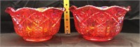 2 red carnival glass bowls