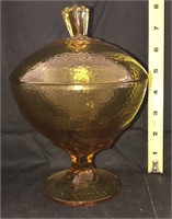 amber glass stemmed bowl with lid