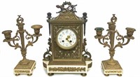Bronze & Marble French Clock & Candelabra Set.
