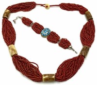 Multi-Strand Red Coral Beaded Necklace & Bracelet.