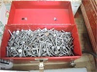 RED METAL BOX OF NAILS