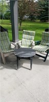 3 plastic lawn chairs wood table