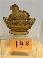 Imperial Amber Frosted Lion Compote 7 1/2" x 7"