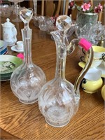 2pc ETCHED GLASS LIQUOR/ WINE DECANTERS