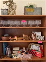 LOT OF MISC GLASSWARE & DECOR ON THESE SHELVES