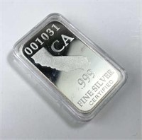 1oz Silver U.S. State Bar CA .999 in Case